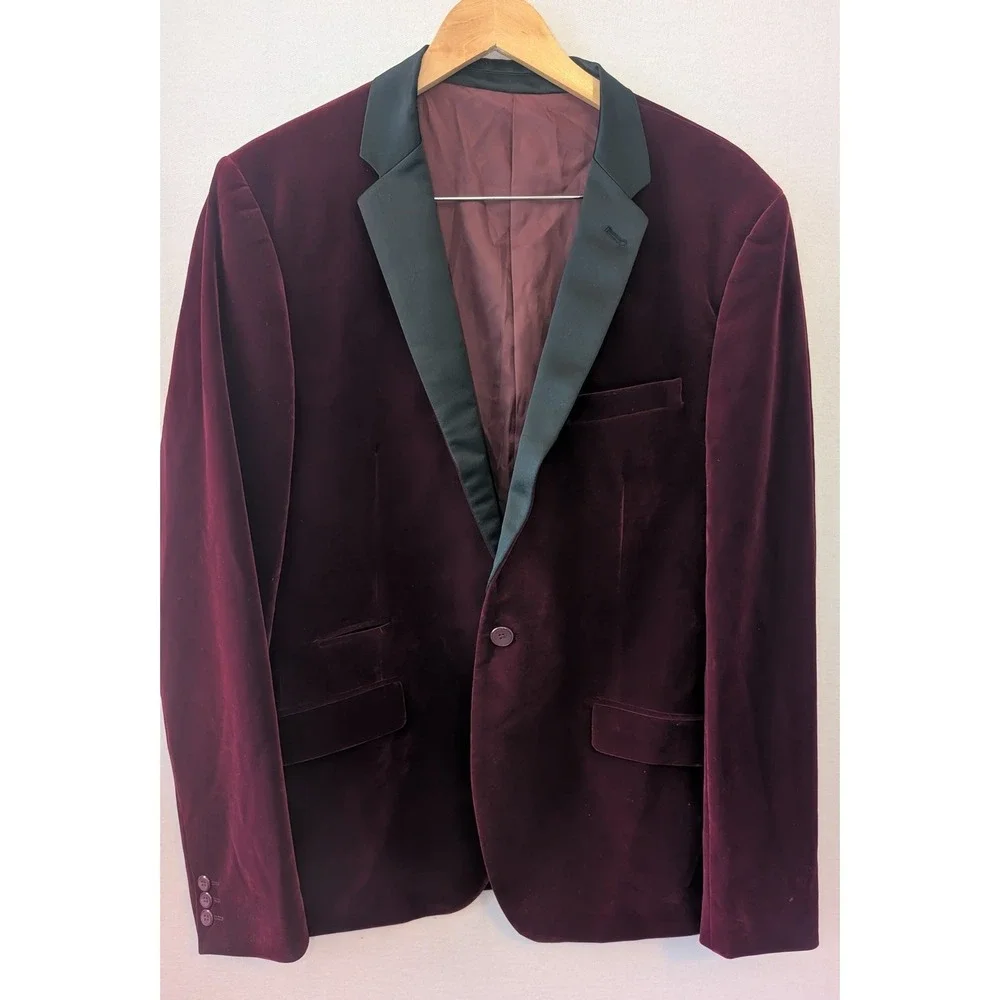 Suslo Couture Mens Burgundy Velvet Blazer Slim Fit Dinner Jacket XXL 46 VS1602-4